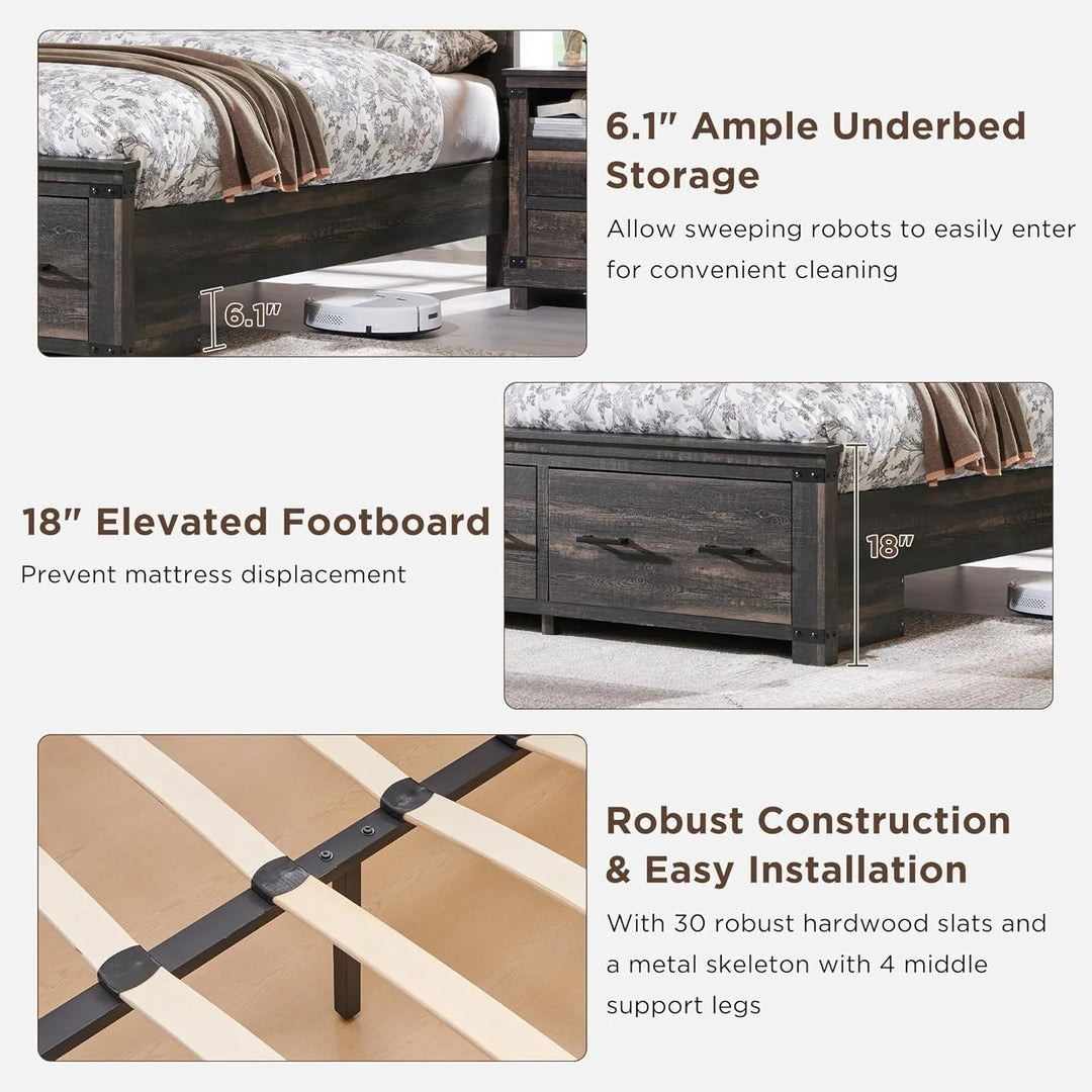 Farmhouse Wood Bed Frame with 54" Tall Headboard, 2 Large Drawers