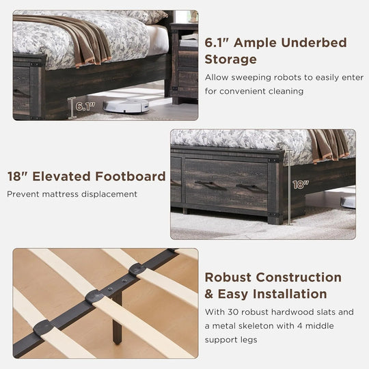 Farmhouse Wood Bed Frame with 54" Tall Headboard, 2 Large Drawers