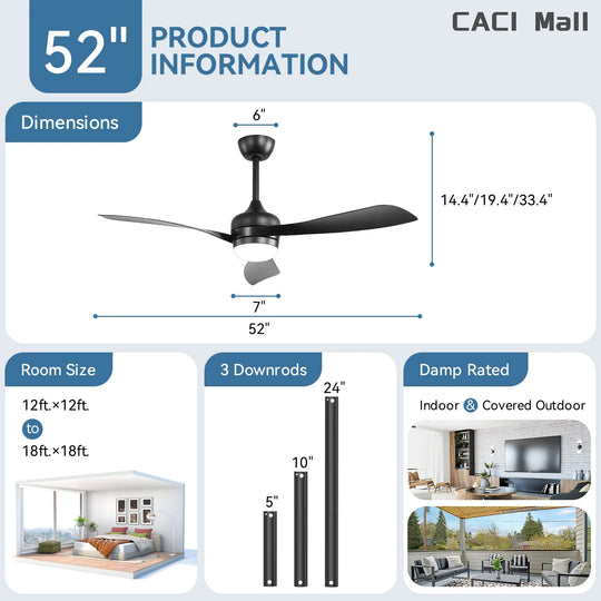 Sofucor 52/60 Inch Ceiling Fan with Integrated LED Light and Remote Control Quiet DC Motor