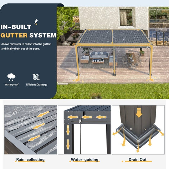 Outdoor Louvered Pergola Gazebo with Adjustable Aluminum Rainproof Roof and Pull-Down Screen