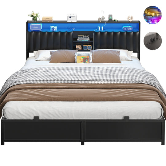 Upholstered Bed Frame with Storage Shelving, Platform Beds with Charge Station and LED Lights