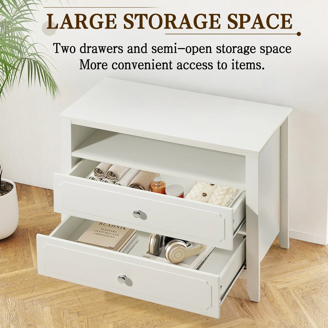 Wide Nightstand – 2‑Drawer Bedside Table with Open Shelf, MDF Wood End Table for Bedroom Living Room