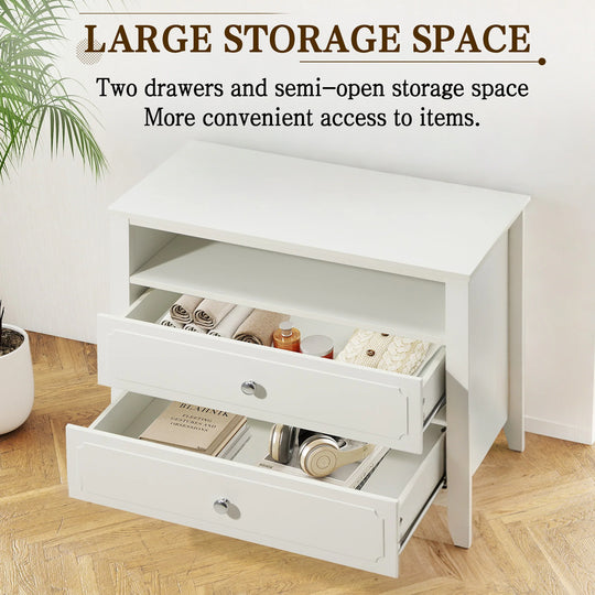 Wide Nightstand – 2‑Drawer Bedside Table with Open Shelf, MDF Wood End Table for Bedroom Living Room