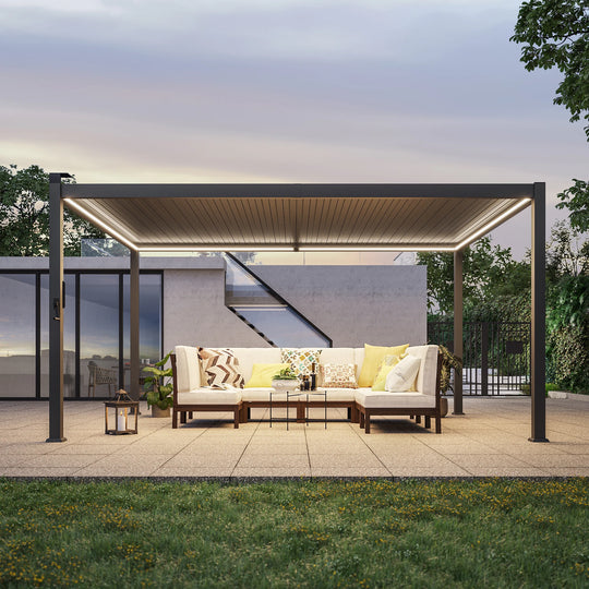 Outdoor Metal Solar LED Louvered Pergola with Adjustable Roof