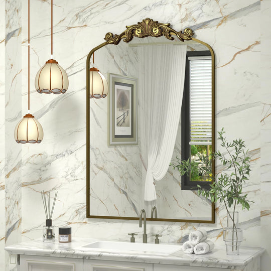 Arched Vintage Wall Mirror and Metal Frame Baroque Style Bathroom Vanity Mirror