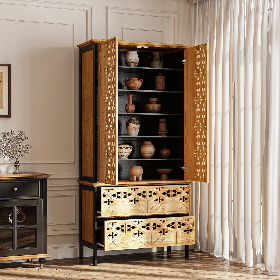 Sculpted Wood and Black Cabinet – Beautifully Carved Decorative Storage Pantry Bookshelves Display Cabinet - 33.4"X70.9"