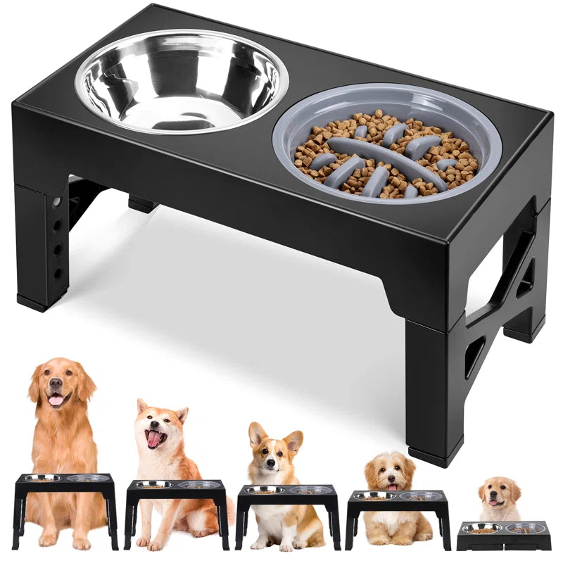 Elevated Dog Bowls, Dog Feeder with Stainless Steel Bowl & Slow Feeder Dog Bowl, 5 Heights Adjustable Raised Dog Bowls Stand