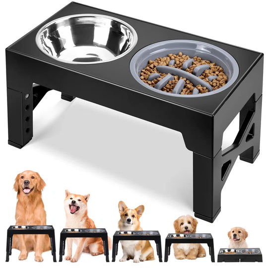 Elevated Dog Bowls, Dog Feeder with Stainless Steel Bowl & Slow Feeder Dog Bowl, 5 Heights Adjustable Raised Dog Bowls Stand
