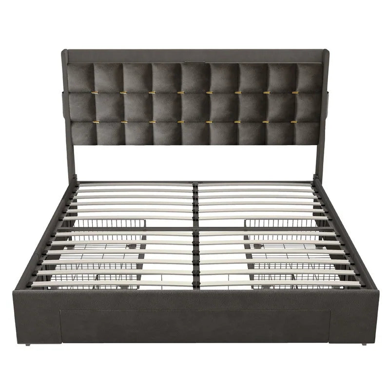Queen/King Size Velvet Upholstered Bed with Charging Station and Storage Drawers