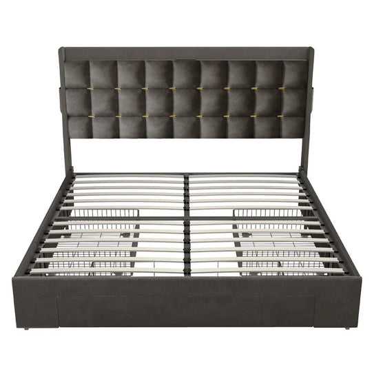 Queen/King Size Velvet Upholstered Bed with Charging Station and Storage Drawers