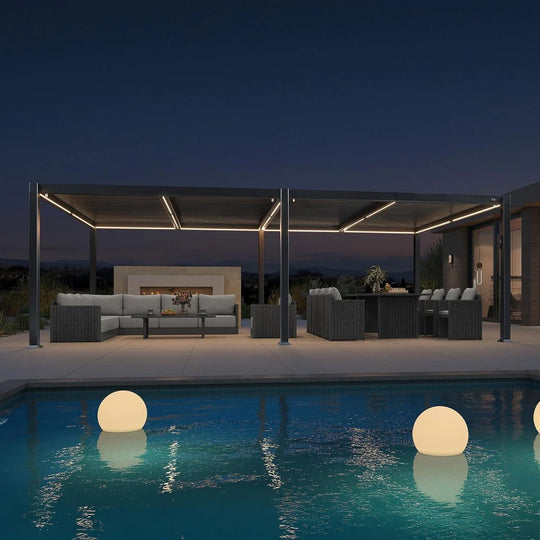 Solar Louvered Pergola with LED String Lights Aluminum Outdoor Pergola with Adjustable Roof for Patio Garden