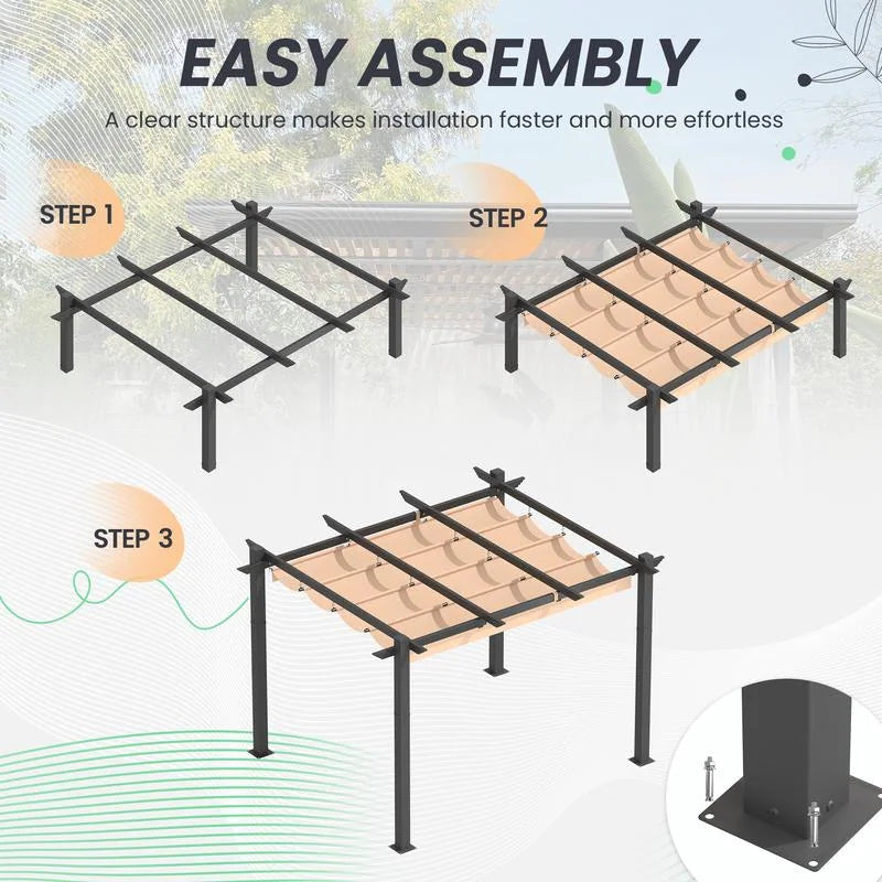 10' X 13' Outdoor Pergola with Retractable Canopy, Heavy-Duty Metal Frame and Adjustable Patio Shade Roof