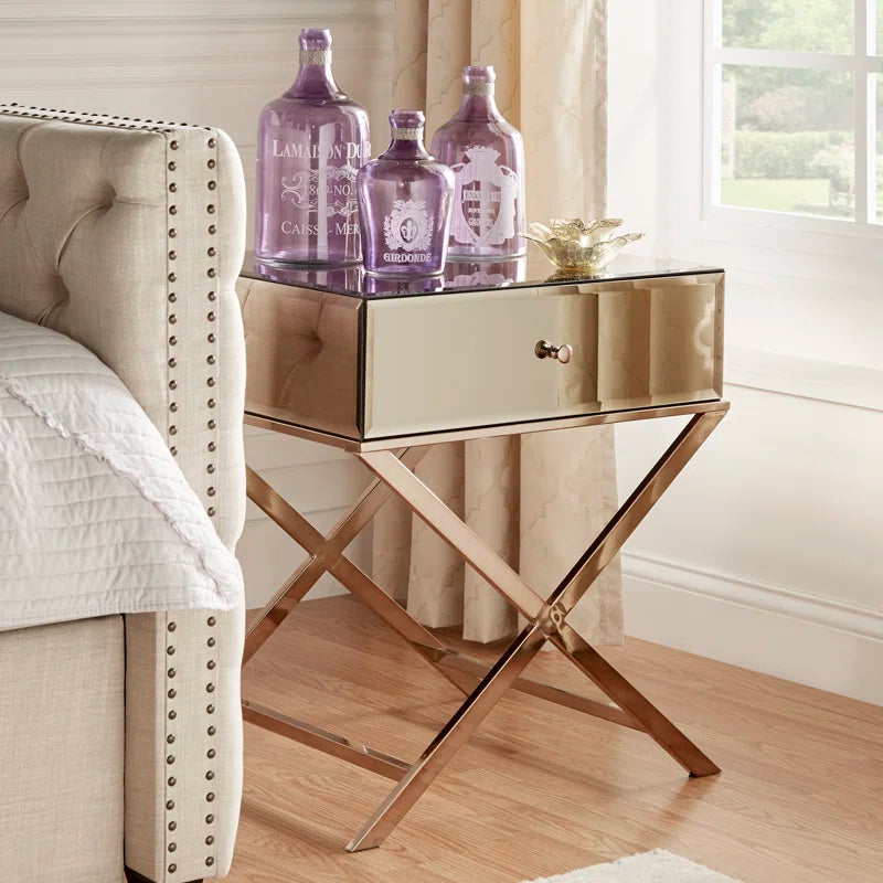 Nyasha Mirrored Glass Top End Table with Storage