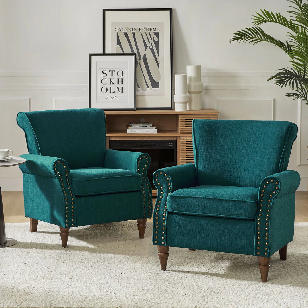 Nyctelius Upholstered Comfy Accent Chair with Turned Wooden Legs and Nailhead Trim Set of 2 by