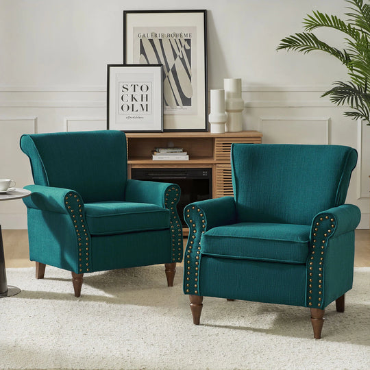 Nyctelius Upholstered Comfy Accent Chair with Turned Wooden Legs and Nailhead Trim Set of 2 by