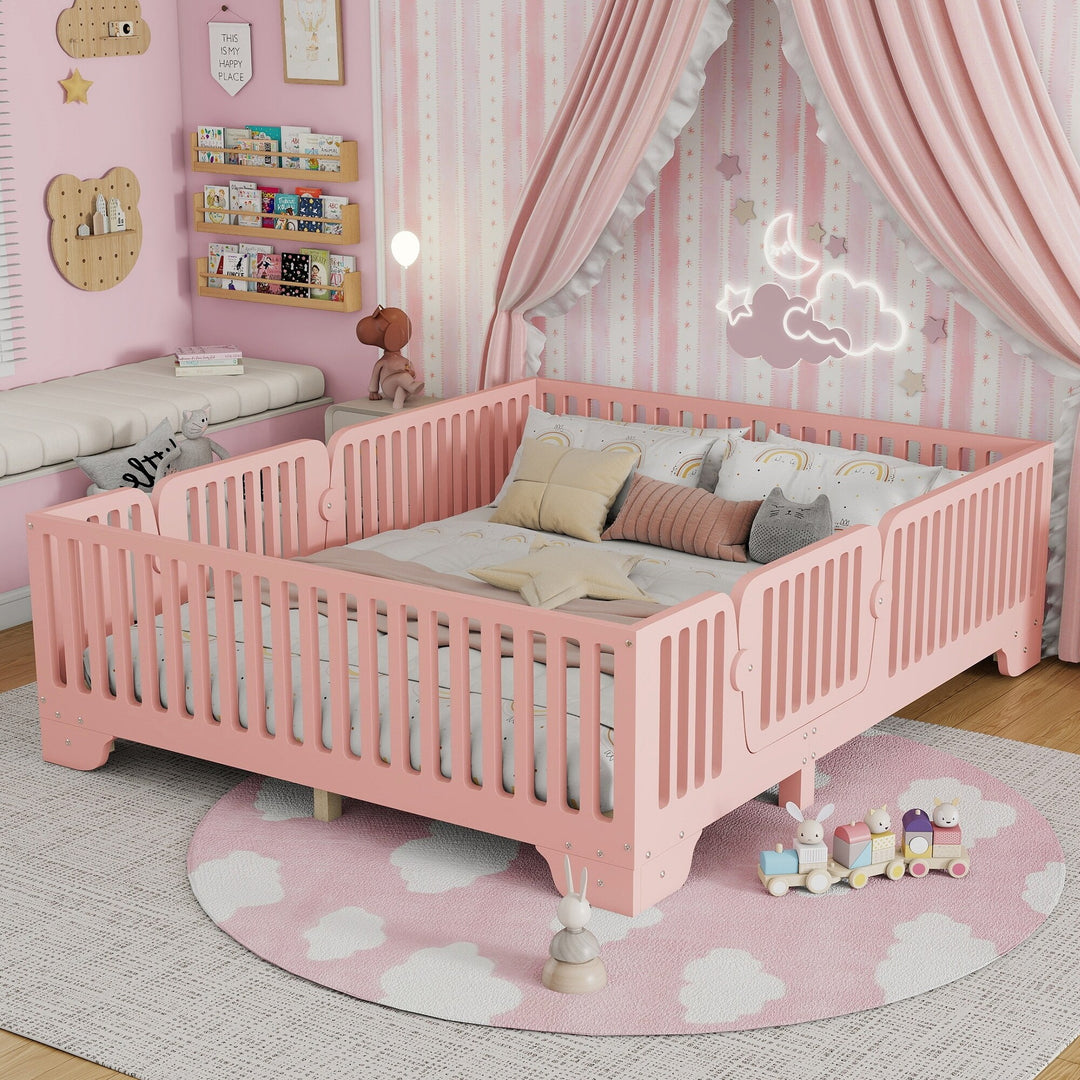 Full Size Montessori Floor Bed Frame with Safety Rails and Removable Door, Low Profile Kids Bed with Slatted Support