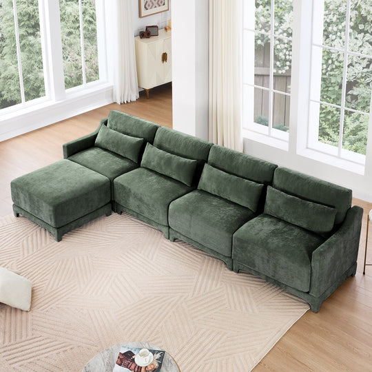 Modern Chenille 4-Seater Sofa with 2 Ottoman, Lumbar Cushions, Ergonomic Backrest, High-Resilience Spongeand Tufted Armrests