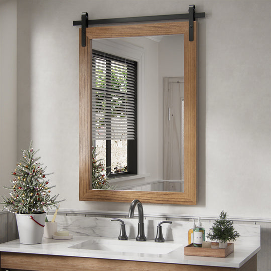 Farmhouse Barn Door Solid Wood Frame Bathroom Vanity Wall Mirror