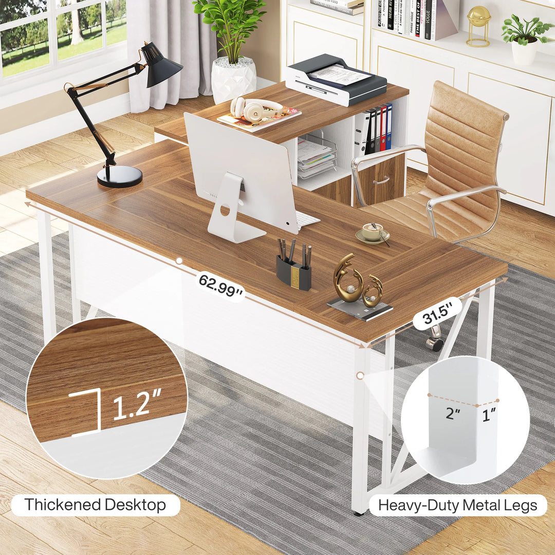63" L-Shaped Computer Desk with 47 Inches Lateral File Cabinet, Executive Desk Home Office Furniture Desk Set