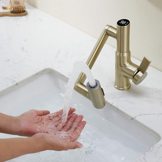 Rotatable Bathroom Faucet with Temperature Display in Fahrenheit (Batteries-Free), BF2204