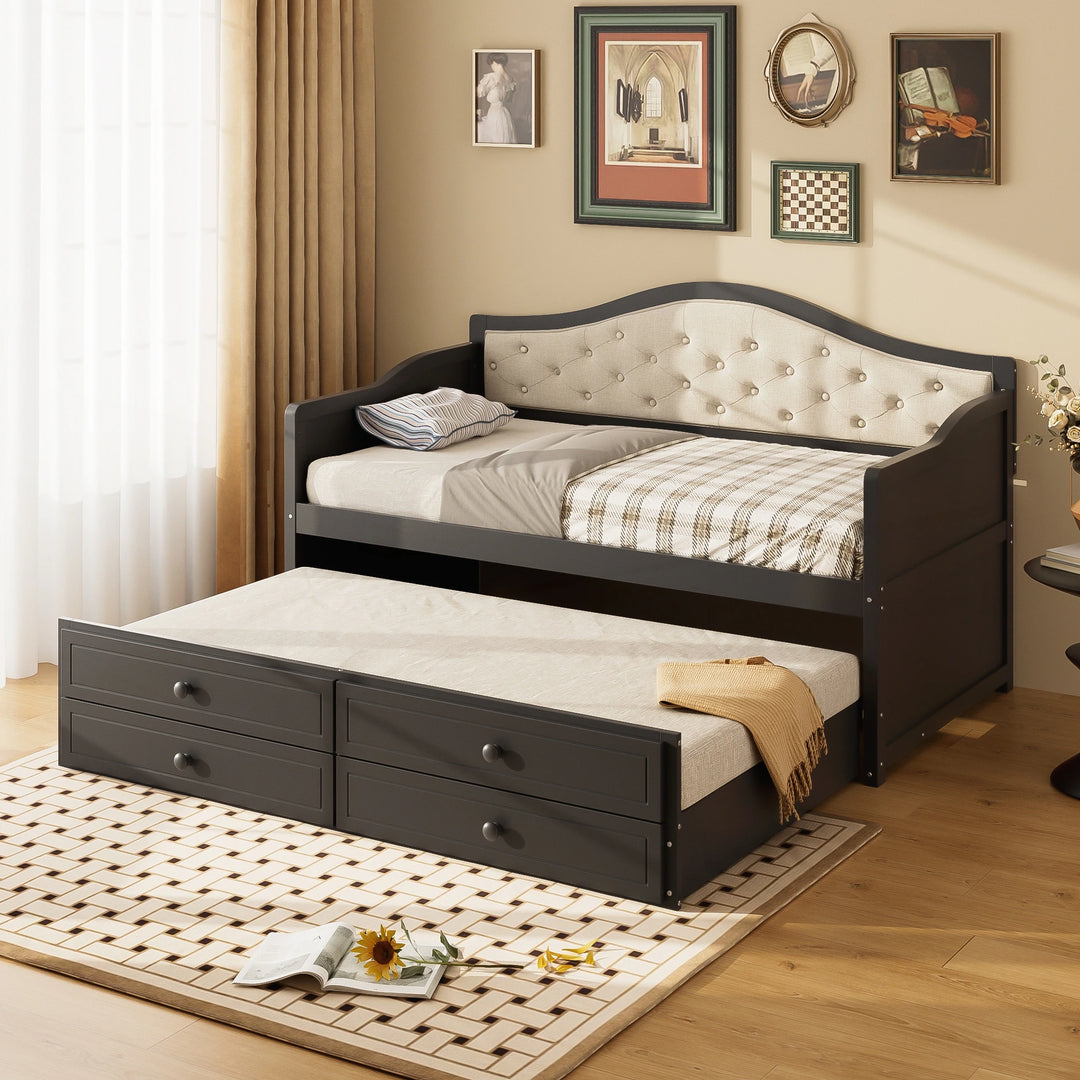 Twin Daybed with Trundle, Twin Size Daybed with 2 Storage Drawers, Wooden Sofa Bed with Upholstered Button Tufted Backrest