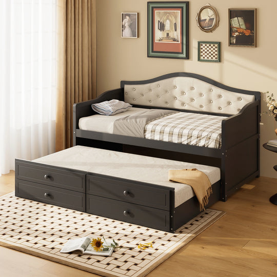 Twin Daybed with Trundle, Twin Size Daybed with 2 Storage Drawers, Wooden Sofa Bed with Upholstered Button Tufted Backrest