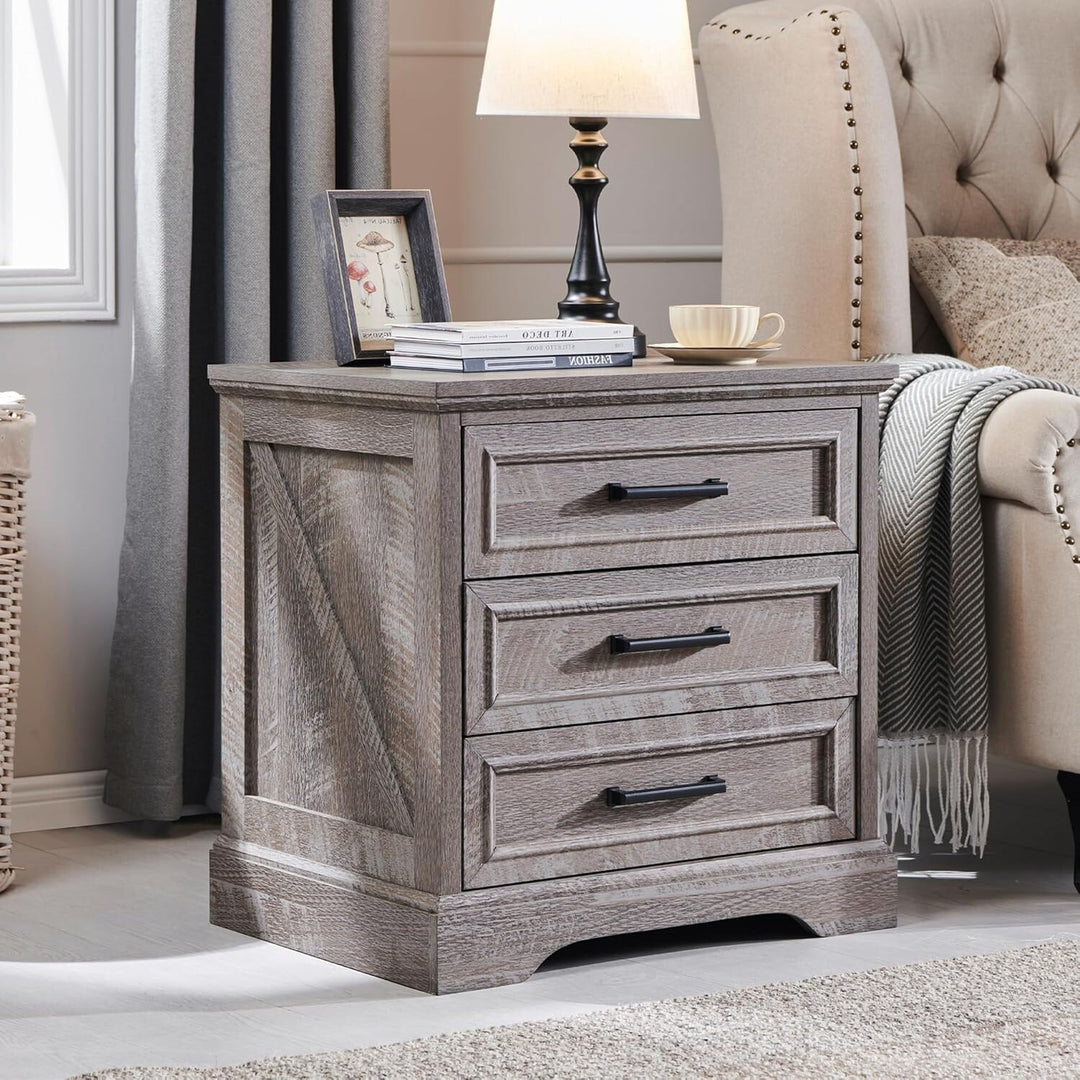 Farmhouse 3-Drawer Nightstand, Wide End Table with Charging Station