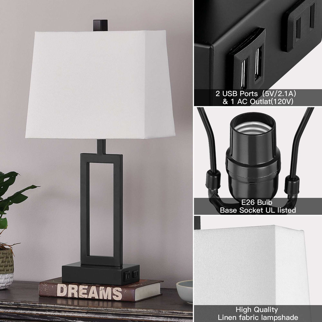 Set of 2 Black Touch Control Table Lamps with White Rectangular Shades, USB Ports & AC Outlet