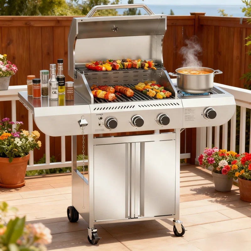 3+1 Burners 34000 Btu Lp Gas Grill with Side Burner for Outdoor Garden Patio Backyard Barbecue Cooking