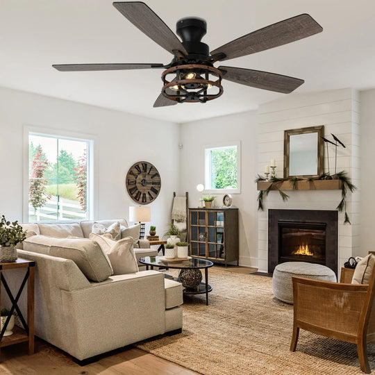52-In Farmhouse Black Caged Ceiling Fan with Lights and Remote Control, Low Profile Flush Mount Chandelier Ceiling Fan