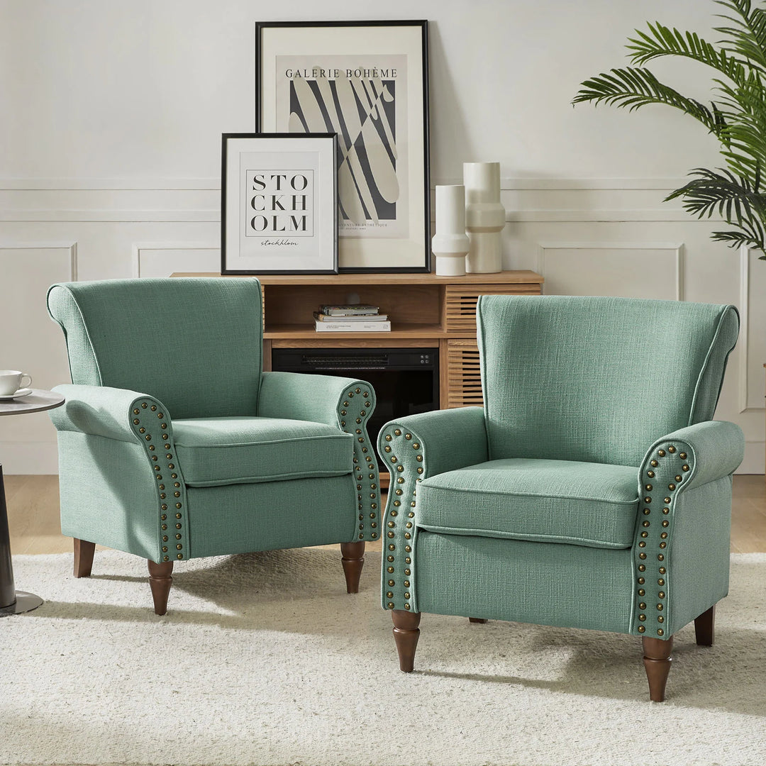Nyctelius Upholstered Comfy Accent Chair with Turned Wooden Legs and Nailhead Trim Set of 2 by