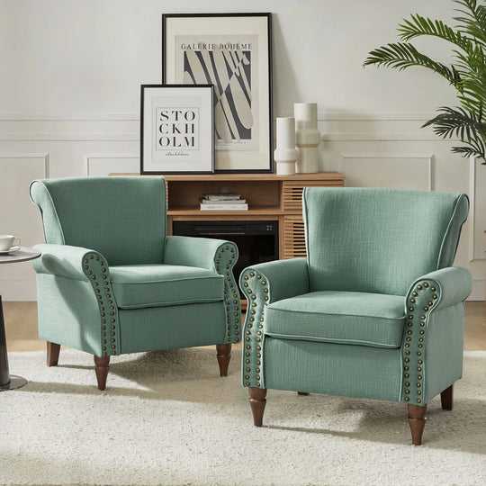 Nyctelius Upholstered Comfy Accent Chair with Turned Wooden Legs and Nailhead Trim Set of 2 by