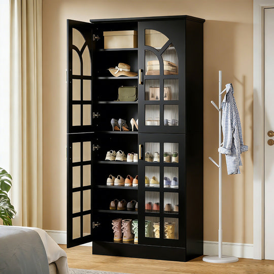 35 Pairs Tall Shoe Storage Cabinet with Doors, 8 Tiers Shoe Rack Organizer with LED Light and Adjustable Shelves for Entryway