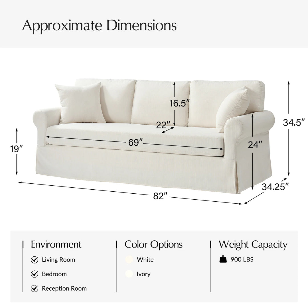 Enrico 82" Farmhouse Slipcovered Sofa with Rolled Armrest by