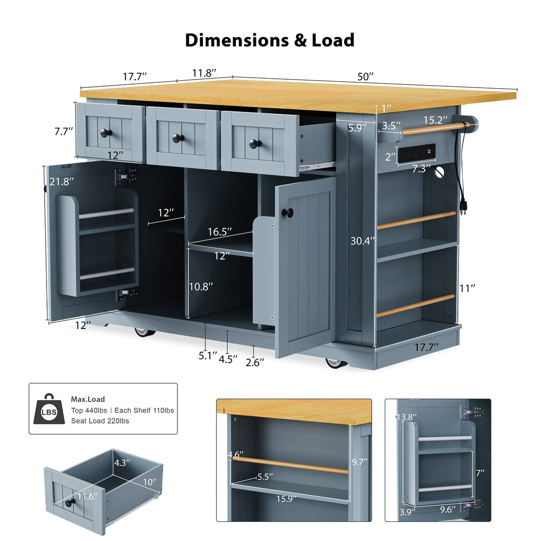 Large Kitchen Island with Drop Leaf,Power Outlet,Door Internal Storage Rack,3 Drawers(Not Include Bar Stools)