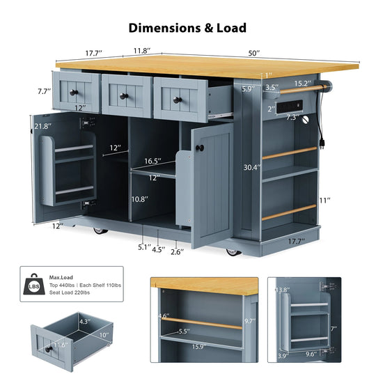 Large Kitchen Island with Drop Leaf,Power Outlet,Door Internal Storage Rack,3 Drawers(Not Include Bar Stools)