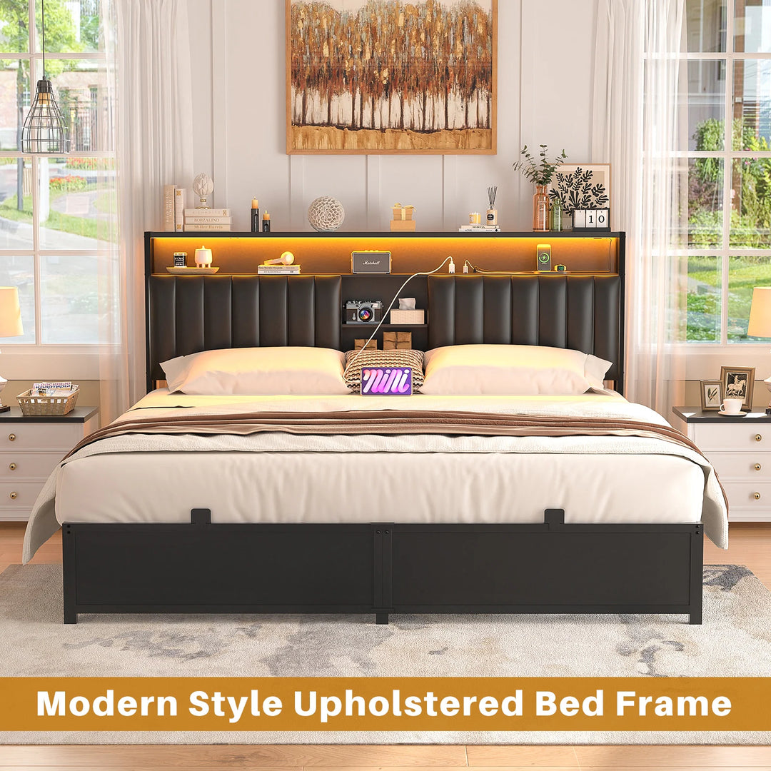 Upholstered Bed Frame with Storage Shelving, Platform Beds with Charge Station and LED Lights