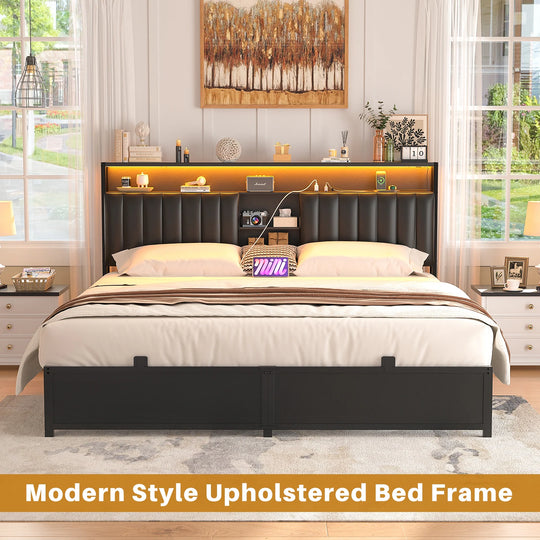 Upholstered Bed Frame with Storage Shelving, Platform Beds with Charge Station and LED Lights