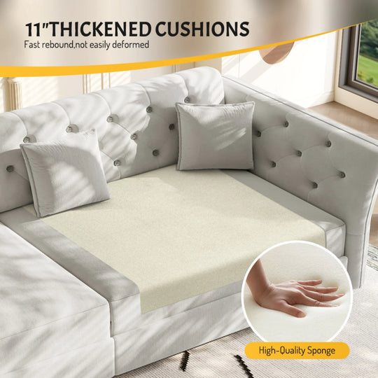 100" Velvet Convertible Sofa Bed with with Fabric Flower Tufted Design