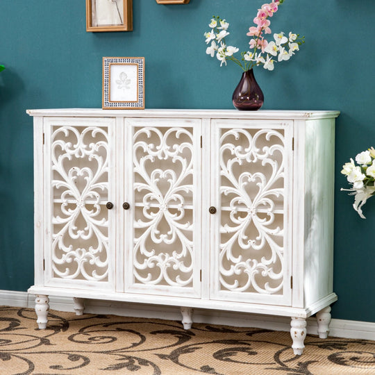 Retro Antique Hollow-Carved 3-Door Storage Cabinet