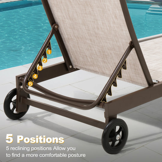Outdoor Patio Aluminum Adjustable Chaise Lounge Chairs with Wheels