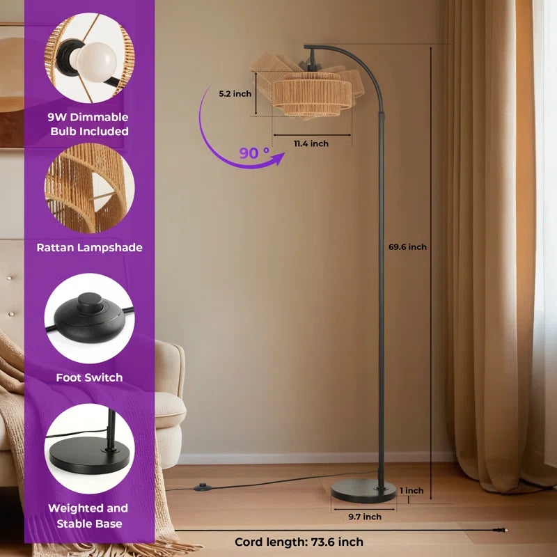 Aarzo 69.6" Arched Rattan Floor Lamp with LED Light and Remote Control