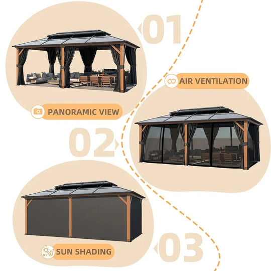 Hardtop Wood Gazebo with Double Roof – Free Dust Cover with 12X16 or 12X20 Model – Waterproof Outdoor Gazebo
