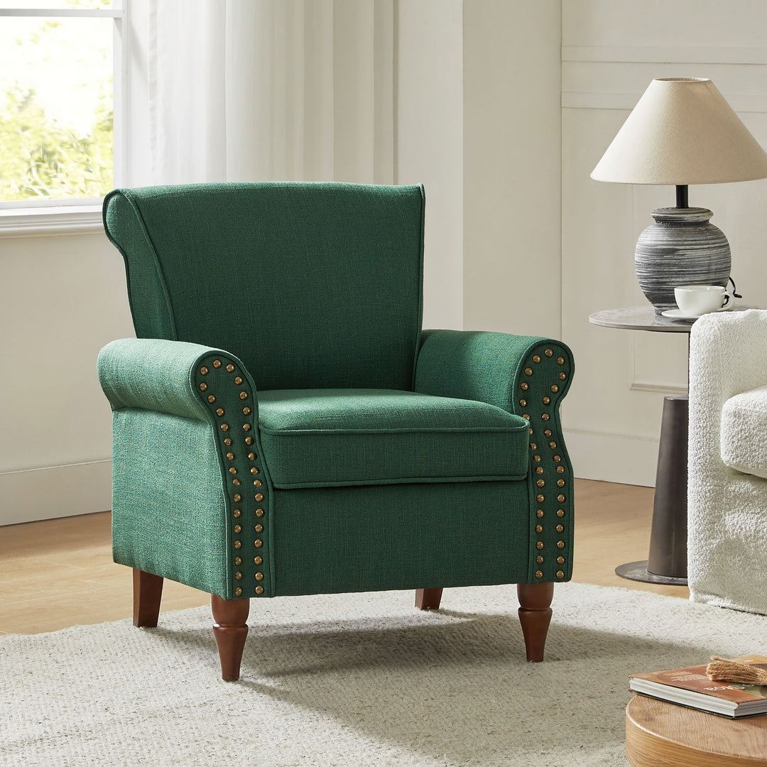 Nyctelius Upholstered Comfy Accent Chair with Turned Wooden Legs and Nailhead Trim Set of 2 by