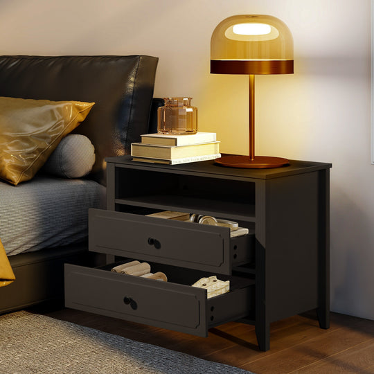 Wide Nightstand – 2‑Drawer Bedside Table with Open Shelf, MDF Wood End Table for Bedroom Living Room
