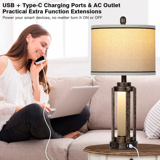 Set of 2 Roman Column Table Lamps with Nightlight and USB Port, Black and Gold