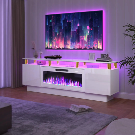 70" Modern Electric Fireplace TV Stand, with Electronic Flame and LED Lights, High Gloss Finish Entertainment Center