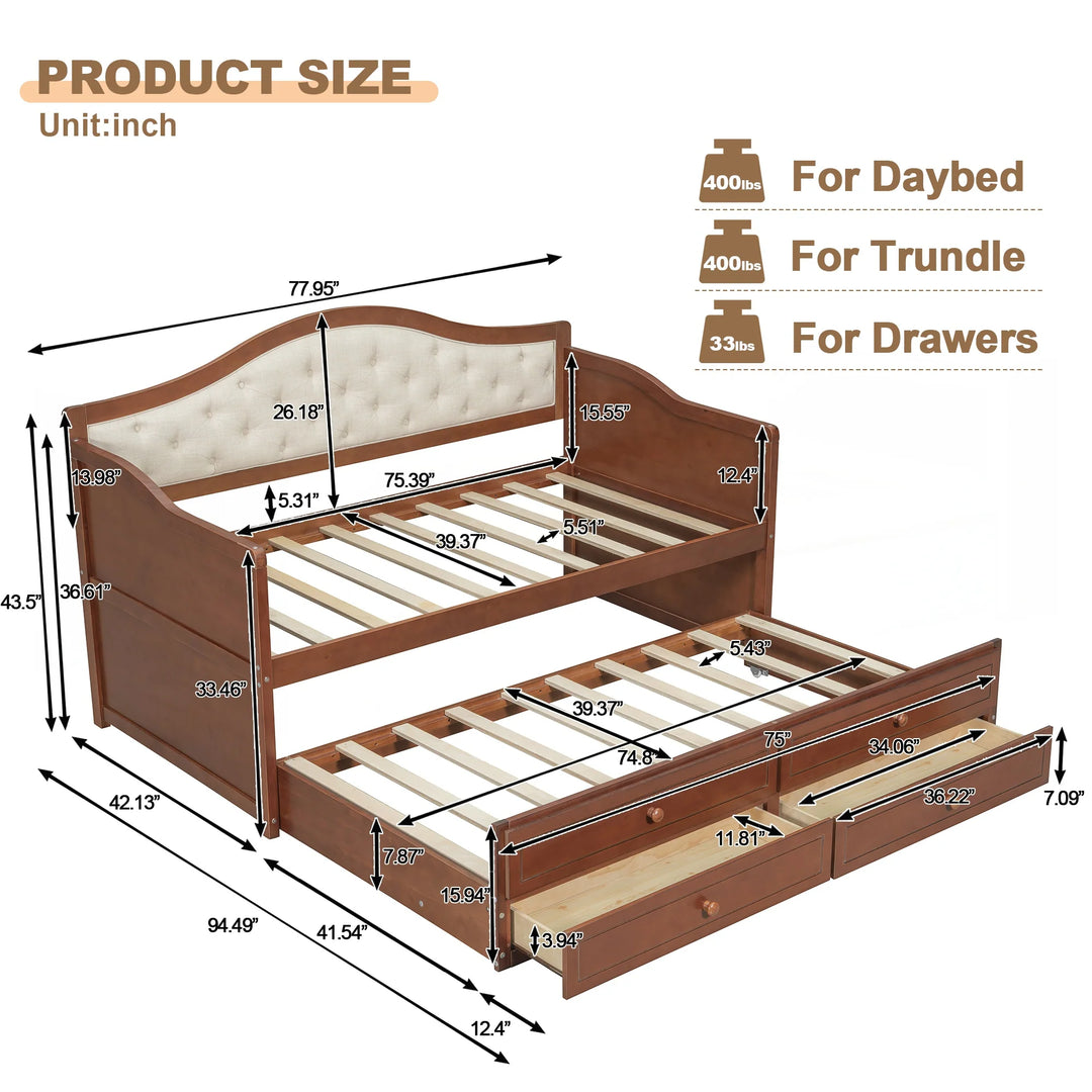 Twin Daybed with Trundle, Twin Size Daybed with 2 Storage Drawers, Wooden Sofa Bed with Upholstered Button Tufted Backrest