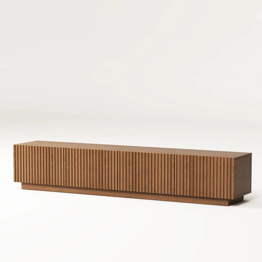 86.6" Modern Walnut TV Stand with Grille Doors & Storage for 90" Tvs - 86.6"Wx15.9"Dx17.5"H