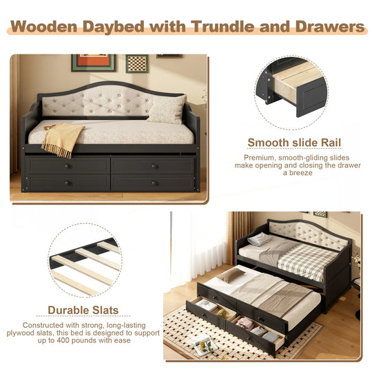 Twin Daybed with Trundle, Twin Size Daybed with 2 Storage Drawers, Wooden Sofa Bed with Upholstered Button Tufted Backrest